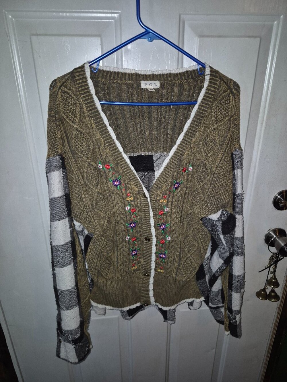 NWOT POL Floral Embroidered Cable Knit Plaid Mixed Media Cardigan M